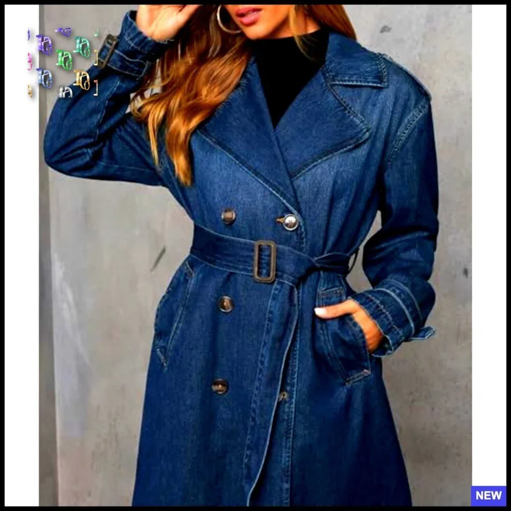 Vintage Double Breasted Denim Trench Coat Duster Blazer Jacket Belted
